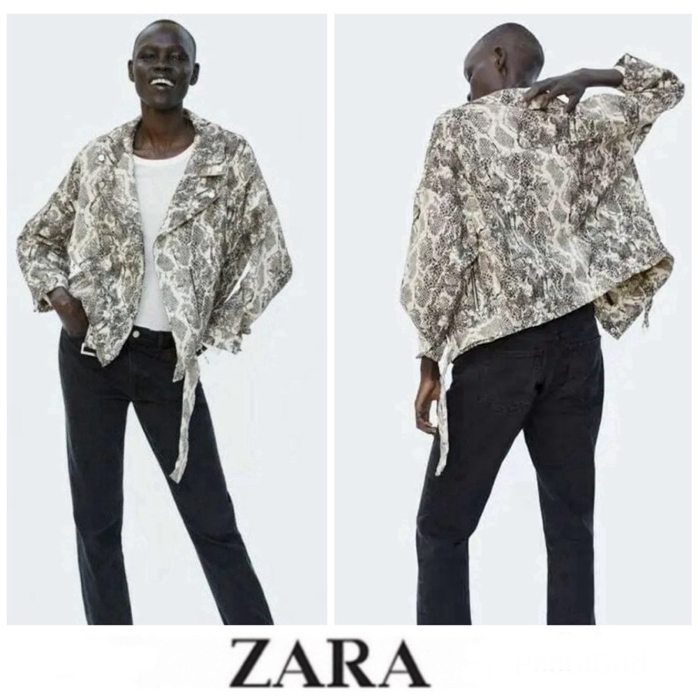 ZARA Snake Animal Print w Belt Buckle 1/2 Zipper Biker Moto Biker Jacket Sz M